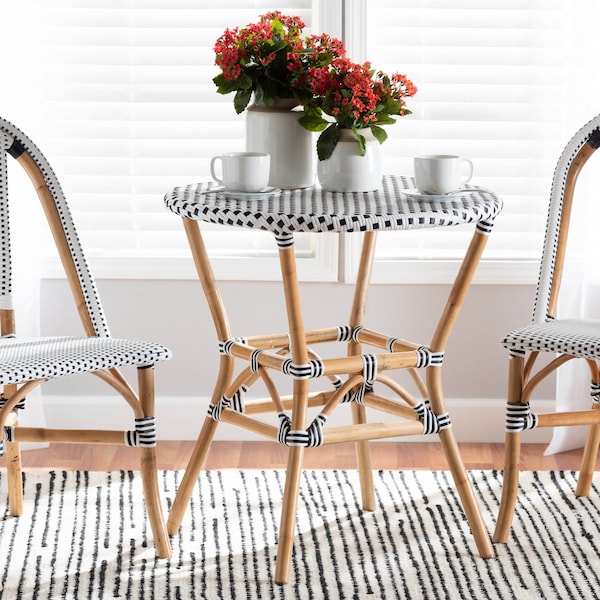 Baxton Studio Tavor Classic French Black and White Weaving and Natural Brown Rattan Dining Table 210-12699 - main